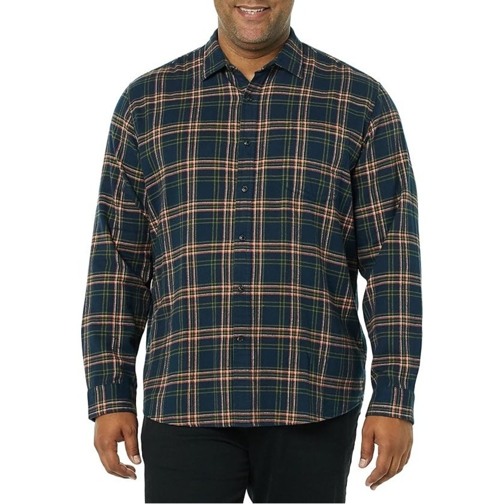 Amazon Essentials Men's L Dark Navy Plaid Regular Fit Long Sleeve Flannel Shirt